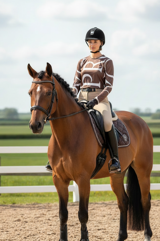 Equestrian rider in brown sunshirt on bay Irish Draught
