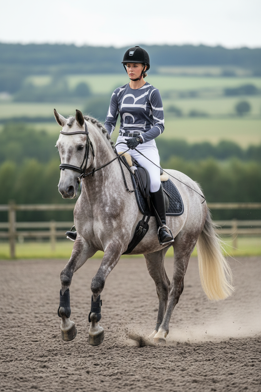 Equestrian rider in The Proper Fox sunshirt on Irish Draught